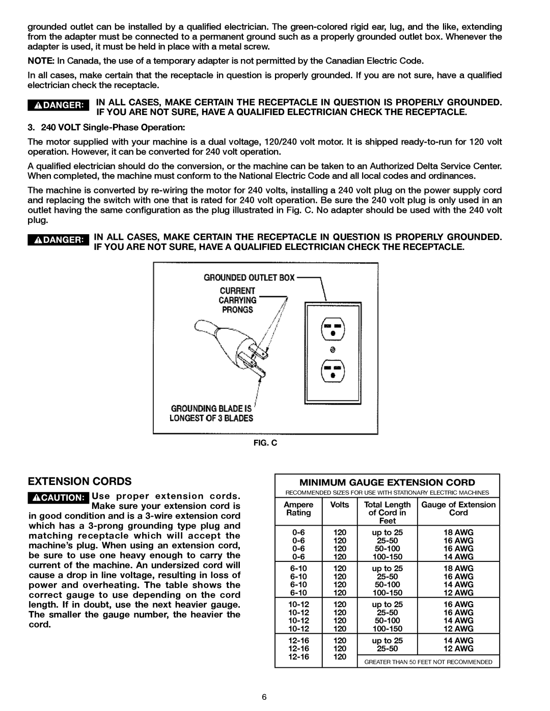 Delta 20-400 instruction manual Extension Cords, Minimum Gauge Extension Cord 